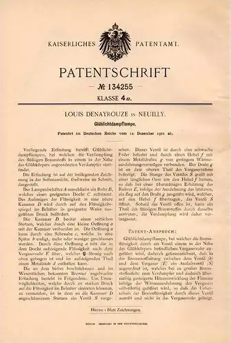 Original Patentschrift - Louis Denayrouze in Neuilly sur Seine , 1901 , lampe à incandescence vapeur , gaz !!!