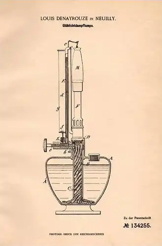 Original Patentschrift - Louis Denayrouze in Neuilly sur Seine , 1901 , lampe à incandescence vapeur , gaz !!!