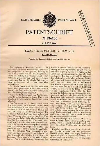 Original Patentschrift - K. Gossweiler in Ulm , 1901 , Gasglühlichtlampe , Lampe , Gas !!!