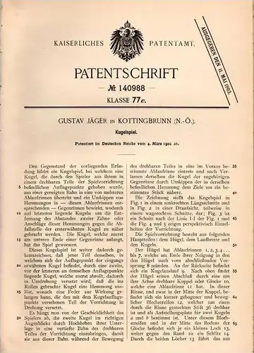 Original Patentschrift - G. Jäger in Kottingbrunn , N.-Ö., 1902 , Kugelspiel , Flipper !!!