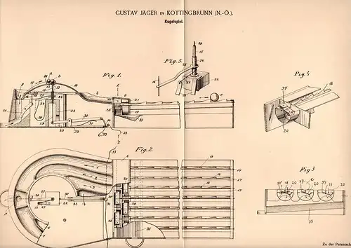 Original Patentschrift - G. Jäger in Kottingbrunn , N.-Ö., 1902 , Kugelspiel , Flipper !!!