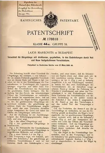 Original Patentschrift - L. Markovits in Budapest , 1906 , Ohrring - Verschluß , Ohrringe , Schmuck , Ohrschmuck !!!