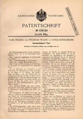 Original Patentschrift - C. Felling in Unna - Königsborn , 1901 , zusammenlegbarer Tisch , Möbel   !!!