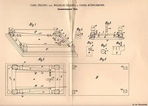 Original Patentschrift - C. Felling in Unna - Königsborn , 1901 , zusammenlegbarer Tisch , Möbel   !!!