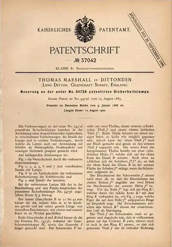 Original Patentschrift - Th. Marshall in Dittonden , Long Ditton , 1886, Sicherheitslampe , Lamp , Lampe , Schiff , ship
