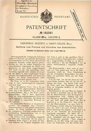 Original Patentschrift - T. Dekimpe in Saint-Gilles , 1905 , Hutform zum Pressen , Frauenhut , Damenhut !!!