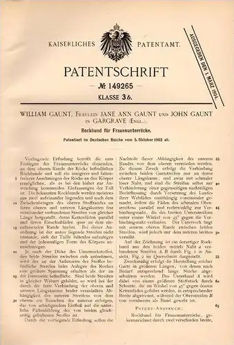 Original Patentschrift - W. Gaunt in Gargrave , England , 1902 , Rockbund für Frauenrock , Rock , Kleid !!!