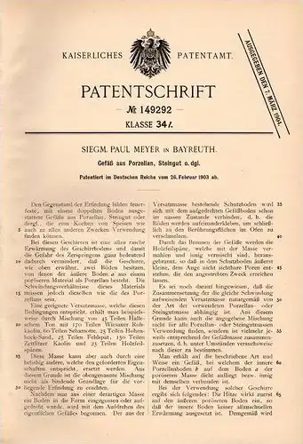 Original Patentschrift - S. Meyer in Bayreuth , 1903 , Porzellan und Steingut - Gefäß !!!