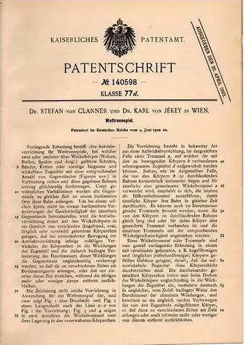 Original Patentschrift - Dr. S. von Clanner und Dr. K. von Jékey in Wien , 1902, Wettrennspiel , Rennbahn , Pferderennen