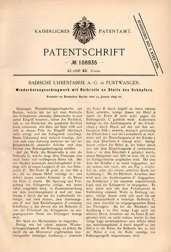 Original Patentschrift - Badische Uhrenfabrik AG in Furtwangen , 1899 , Schlagwerk für Uhren , Uhr , Uhrmacher !!!