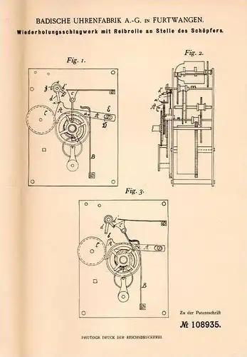 Original Patentschrift - Badische Uhrenfabrik AG in Furtwangen , 1899 , Schlagwerk für Uhren , Uhr , Uhrmacher !!!