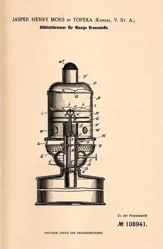 Original Patentschrift - J. Moss in Topeka , Kansas , 1898 , Brenner , Lampe für Brennstoffe , Laterne !!!