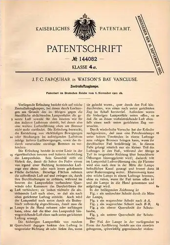 Original Patentschrift - J. Farquhar in Watsons Bay Vaucluse , 1902 , Luftzug - Lampe , Lamp , Lamps !!!