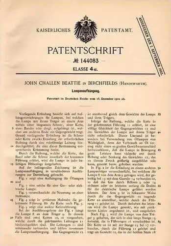 Original Patentschrift - J. Beattie in Birchfields , Handsworth , 1902 , Aufhängung für Lampen , Lamp , Lamps !!!