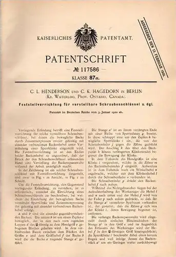 Original Patentschrift - C. Henderson und C. Hagedorn in Berlin , Waterloo , Canada ,1900, Schraubenschlüssel , Werkzeug