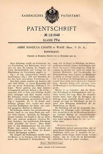 Original Patentschrift - A. Chapin in Ware , Massachusetts , USA , 1900 , Geduld - Spiel , Spielzeug !!!