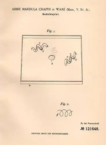 Original Patentschrift - A. Chapin in Ware , Massachusetts , USA , 1900 , Geduld - Spiel , Spielzeug !!!