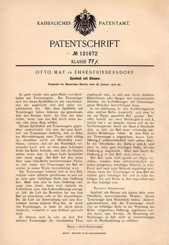 Original Patentschrift - Otto May in Ehrenfriedersdorf , 1900 , Spielball mit Stimmen , Spielzeug , Ball  !!!
