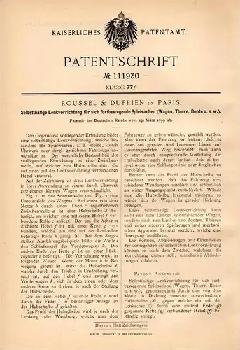 Original Patentschrift - Roussel & Dufrien in Paris , 1899 , Lenkung für Spielzeug , Tiere , Boote , Wagen !!!