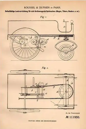 Original Patentschrift - Roussel & Dufrien in Paris , 1899 , Lenkung für Spielzeug , Tiere , Boote , Wagen !!!