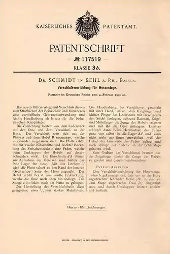 Original Patentschrift - Dr. Schmidt in Kehl a. Rh., 1900 , Verschluß für Hosen , Hose , Leder , Schneiderei !!!