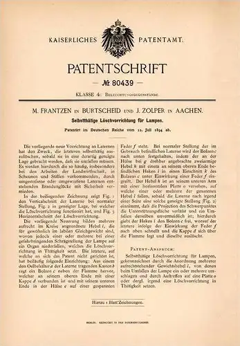 Original Patentschrift - M. Frantzen und J. Zolper in Burtscheid - Aachen , 1894 , Löschapparat für Lampen . Lampe !!!