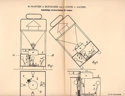 Original Patentschrift - M. Frantzen und J. Zolper in Burtscheid - Aachen , 1894 , Löschapparat für Lampen . Lampe !!!