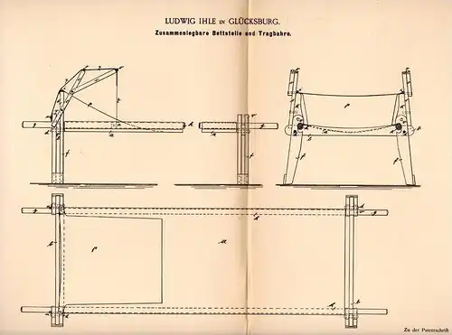 Original Patentschrift - Ludwig Ihle in Glücksburg / Ostsee , 1894 , Bettstelle als Tragbahre , Bahre , Bett !!!