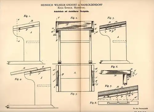 Original Patentschrift - H. Knoost in Markoldendorf , Kr. Einbeck ,1891 , einstellbarer Arbeitstisch , Architekt , Möbel