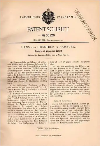 Original Patentschrift - Hans von Hosstrup in Hamburg , 1892 , Scheere mit ziehendem Schnitt , Schneiderei , Schneider !
