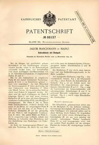 Original Patentschrift - J. Maschmann in Mainz , 1891 , Schreibtisch mit Stehpult , Schreiner , Tischler !!!