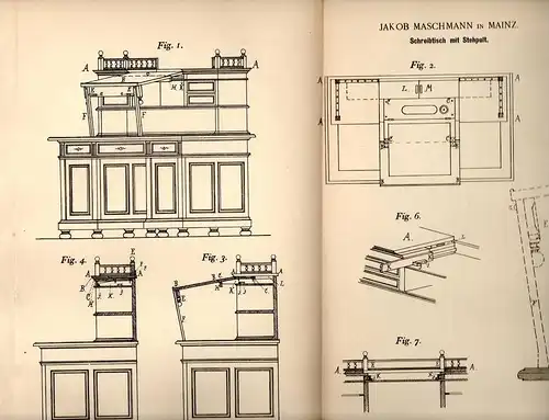 Original Patentschrift - J. Maschmann in Mainz , 1891 , Schreibtisch mit Stehpult , Schreiner , Tischler !!!