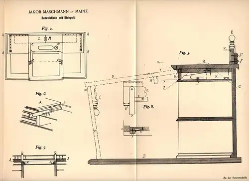 Original Patentschrift - J. Maschmann in Mainz , 1891 , Schreibtisch mit Stehpult , Schreiner , Tischler !!!