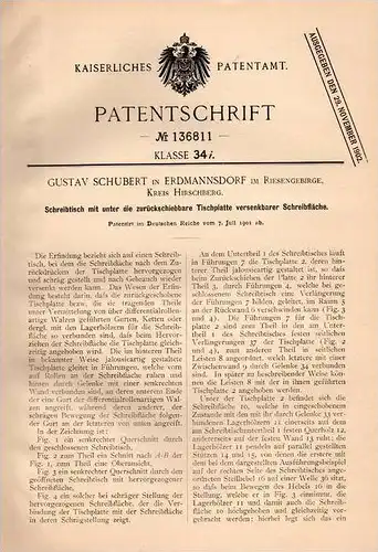 Original Patentschrift - G. Schubert in Erdmannsdorf b. Hirschberg , 1901 , Schreibtisch , Myslakowice b. Jelina Góra !!