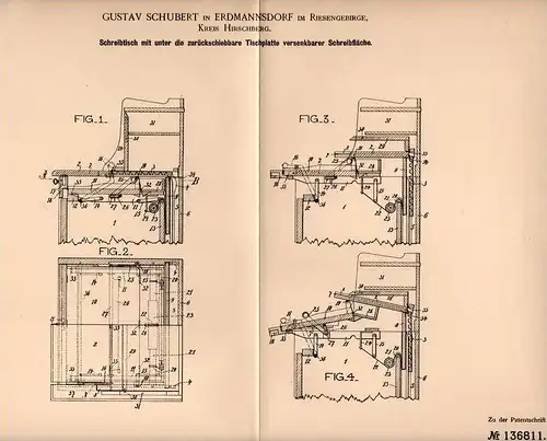 Original Patentschrift - G. Schubert in Erdmannsdorf b. Hirschberg , 1901 , Schreibtisch , Myslakowice b. Jelina Góra !!