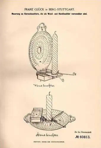 Original Patentschrift - Franz Glück in Berg - Stuttgart , 1891 , Kerzenleuchter , Wandleuchter , Kerze !!!