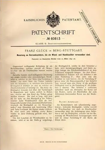 Original Patentschrift - Franz Glück in Berg - Stuttgart , 1891 , Kerzenleuchter , Wandleuchter , Kerze !!!