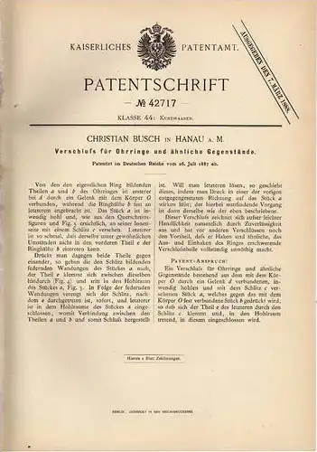 Original Patentschrift - C. Busch in Hanau a.M., 1887 , Ohrringe , Schmuck !!!