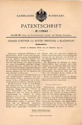 Original Patentschrift - J. Juritsch und A. Ohrfandl in Klagenfurt , 1899 , Heckenscheere , Scheere !!!