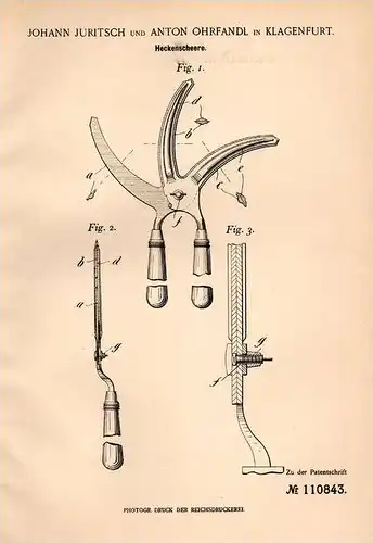 Original Patentschrift - J. Juritsch und A. Ohrfandl in Klagenfurt , 1899 , Heckenscheere , Scheere !!!