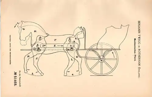 Original Patentschrift - B. Twigg in Rotherham , England , 1889 , mechanisches Pferd , Karussell , Horse !!!