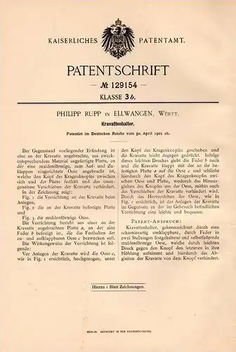Original Patentschrift - P. Rupp in Ellwangen , 1901 , Halter für Kravatten , Kravatte !!!