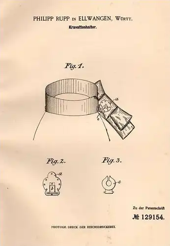 Original Patentschrift - P. Rupp in Ellwangen , 1901 , Halter für Kravatten , Kravatte !!!