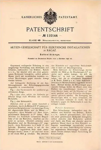 Original Patentschrift - Elektr. Installationen AG in Ragaz , 1898 , Schneidzange für Draht und Kabel !!!