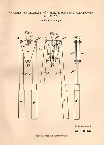 Original Patentschrift - Elektr. Installationen AG in Ragaz , 1898 , Schneidzange für Draht und Kabel !!!