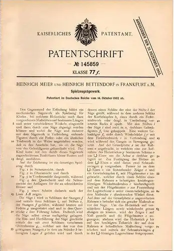 Original Patentschrift - Spielzeug - Sägewerk , Holz , 1902 , H. Bettendorf in Frankfurt a.M. , Tischlerei !!!