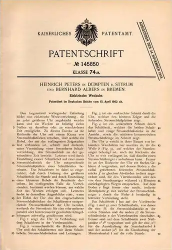 Original Patentschrift - H. Peters in Dümpten b. Styrum u. Mülheim , 1902 , Elektrische Weckuhr , Uhr !!!