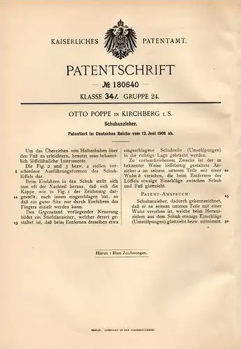 Original Patentschrift - Otto Poppe in Kirchberg i.S., 1906 , Schuhanzieher , Schuhe , Schuster !!!