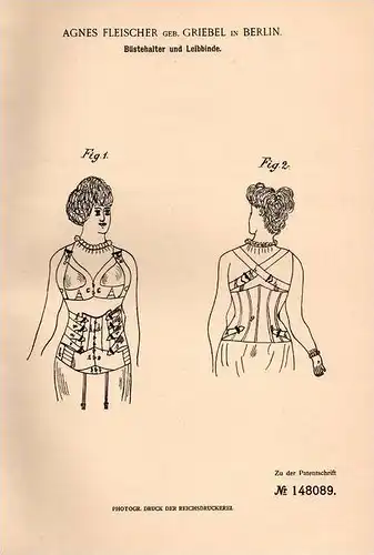 Original Patentschrift - Büstenhalter und Leibbinde , BH , 1902 , Agnes Fleischer in Berlin , Brust , Busen , Büha !!!