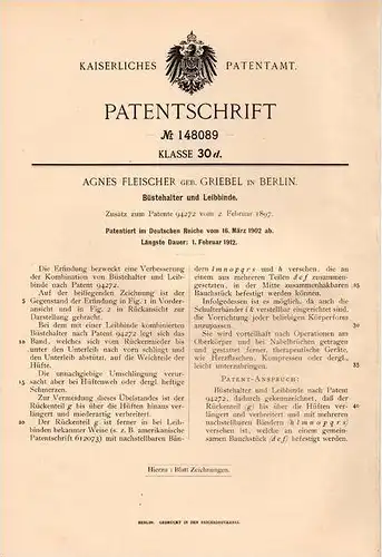 Original Patentschrift - Büstenhalter und Leibbinde , BH , 1902 , Agnes Fleischer in Berlin , Brust , Busen , Büha !!!
